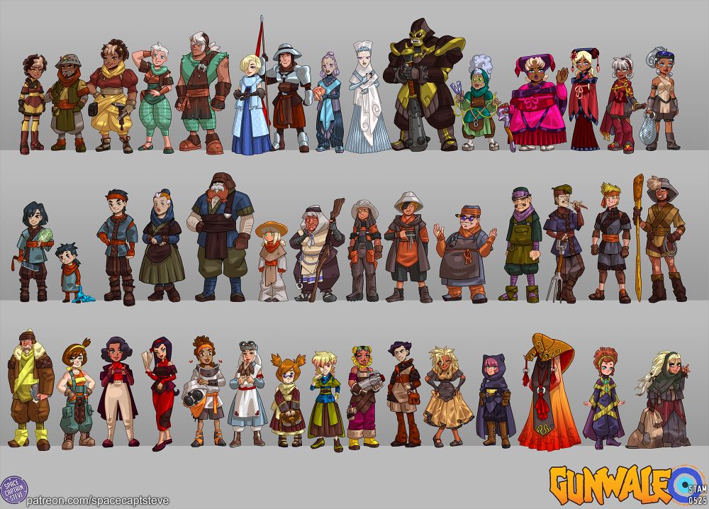 3 rows of character designs from Gunwale showing off various ethnicities and occupations.