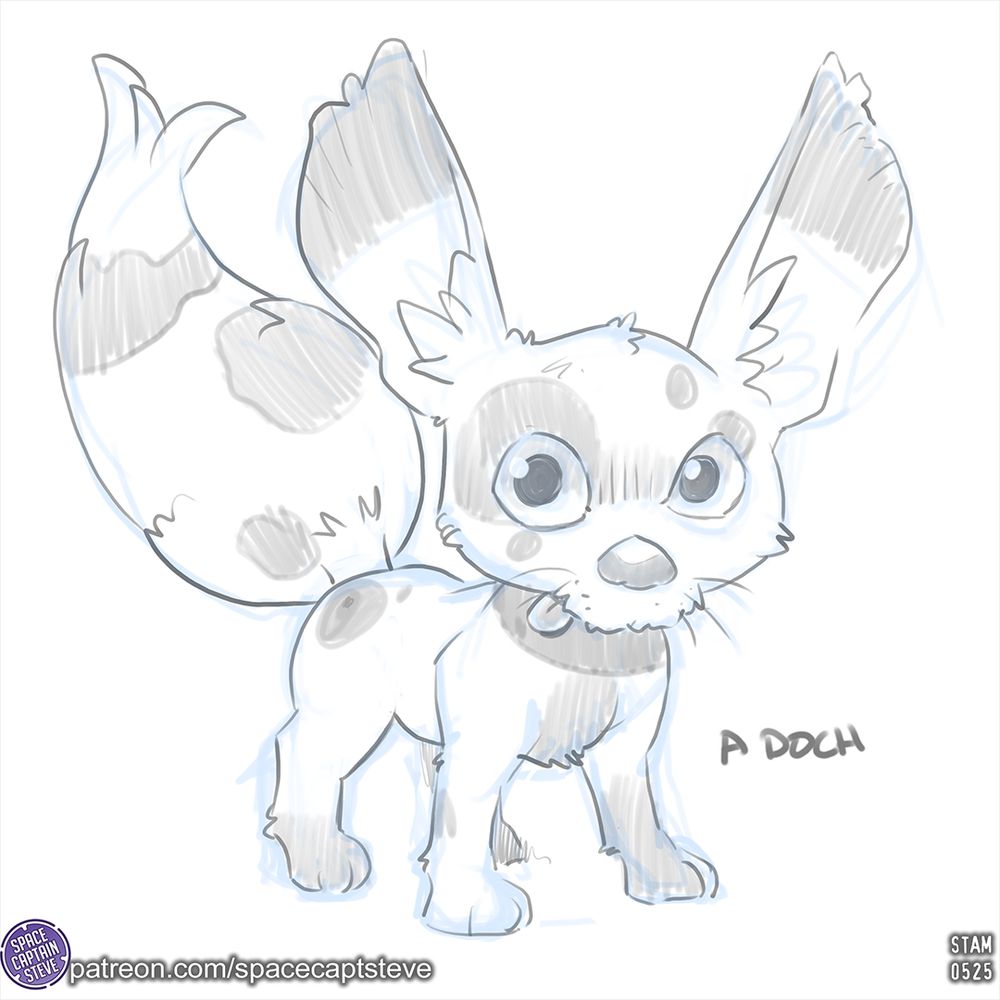 A sketch of a small dog-like animal with big ears, eyes, and a flooffy tail.