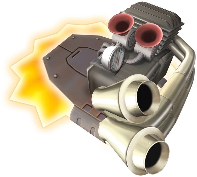 Bulk Star from Kirby Air Ride, a star with a metal plate to stand on and a large motor with exhaust pipes