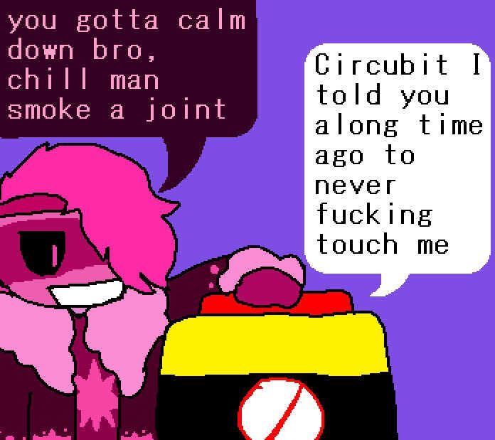 circubit from the pink corruption touching dtm from lobotomy corp

(inspired by a midnight horrors version of the tails gets trolled panel)