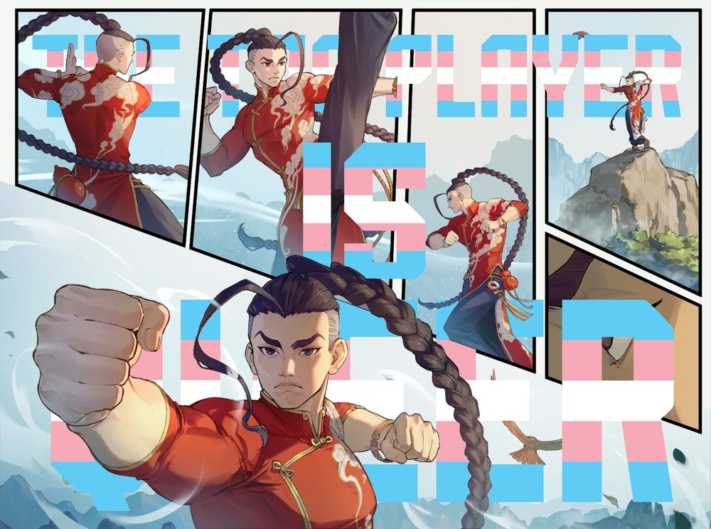 SF6 character art of Jamie Siu in his 3rd costume in a comic panel style. The words THE TOP PLAYER IS QUEER are woven into the image in the colours of the Trans Flag