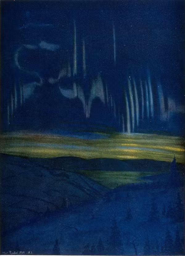Astronomy: the Aurora Borealis, with pine trees in the foreground. Coloured lithograph after a pastel by M. Raebel, 1909