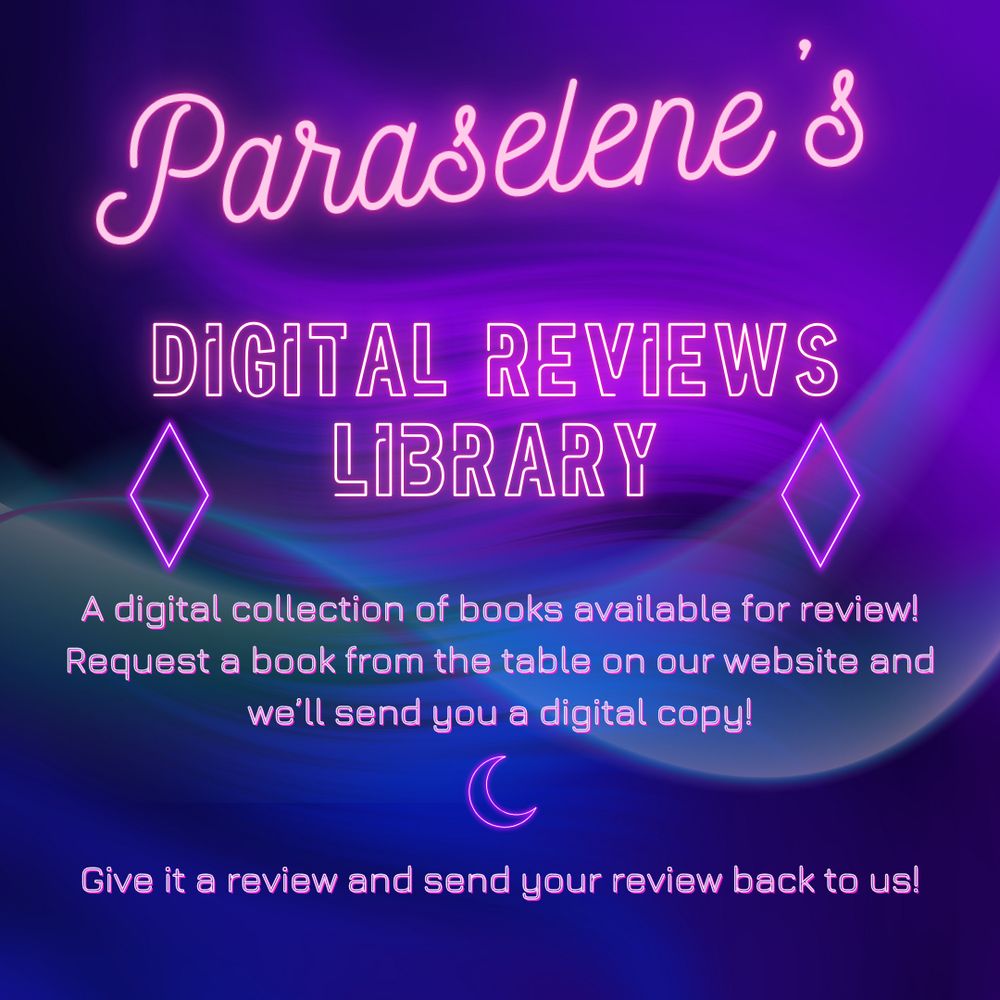 Pink and purple graphic advertising our Digital Reviews Library.