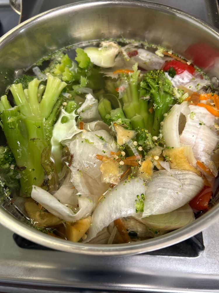 Pot of vegetable trimmings to make stock…