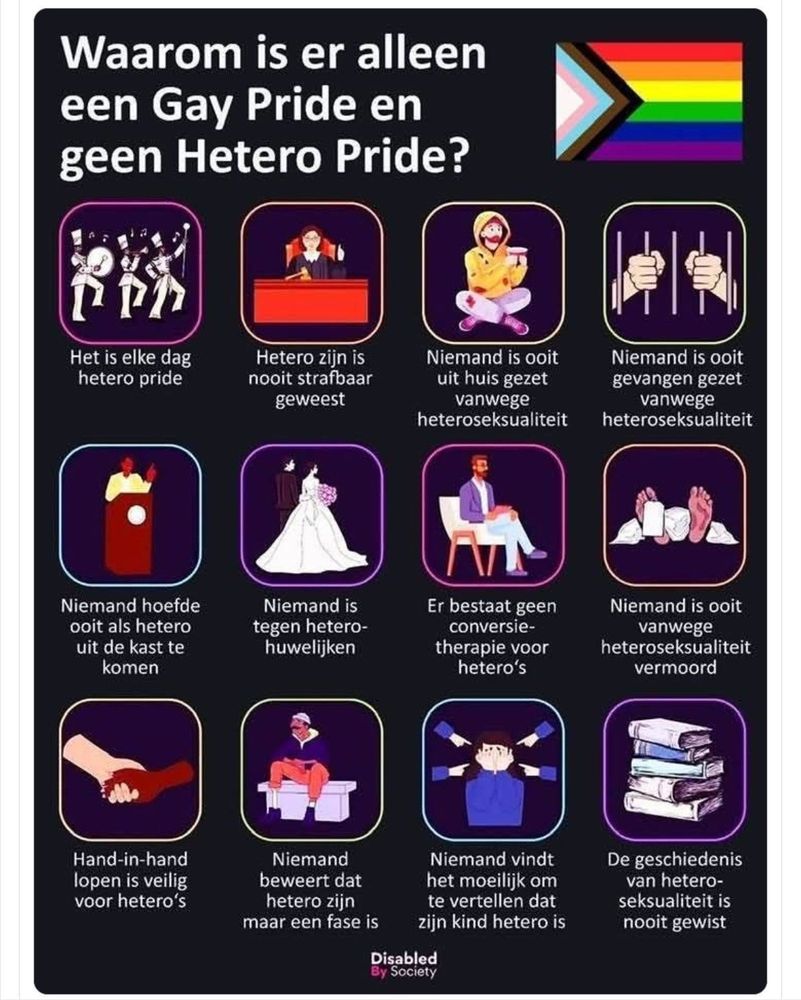 Een plaatje met beschrijvingen waarom alleen een gay pride is en geen hetero Pride: waaronder hetero zijn is nog nooit strafbaar geweest, niemand is ooit gevangen gezet, niemand hoefde ooit als hetero uit de kast te komen, hand in hand lopen voor hetero's is veilig.