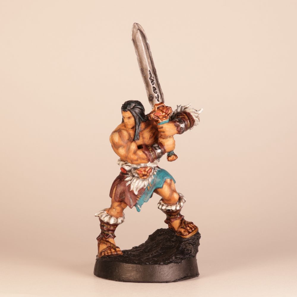 Painted miniature Barbarian from Heroquest game (front view).