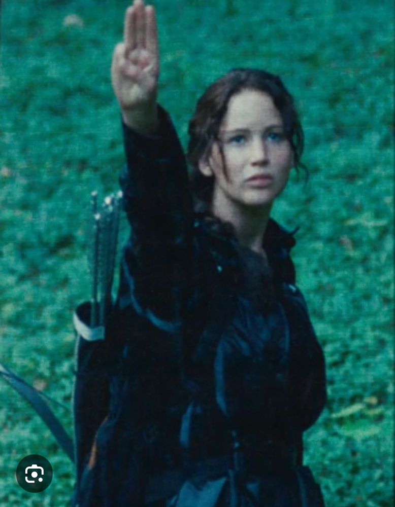 Katniss from Hunger Games giving a salute. I’ve never seen the movie or read the book, but to me it says, “Good luck on this impossible yet noble task” 