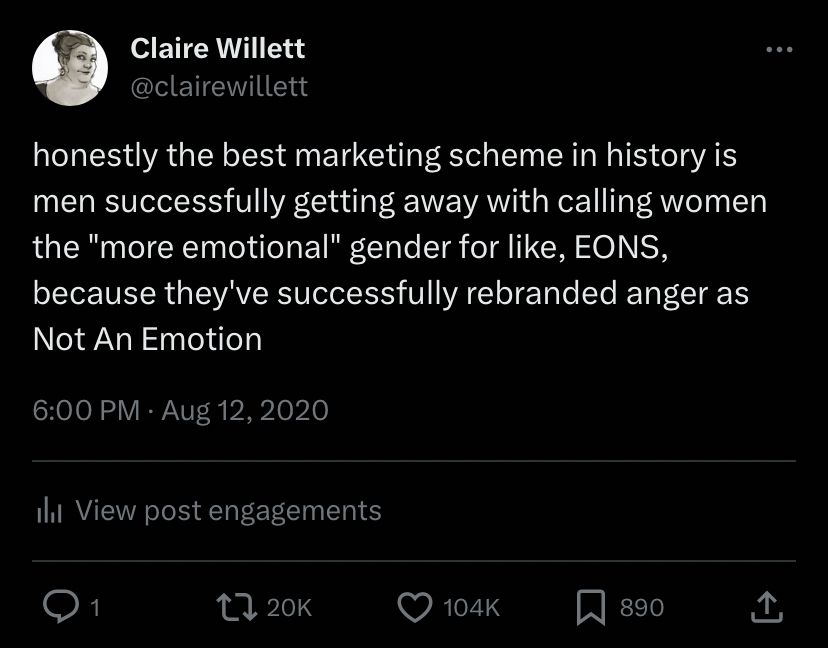 @clairewillett

honestly the best marketing scheme in history is men successfully getting away with calling women the "more emotional" gender for like, EONS, because they've successfully rebranded anger as Not An Emotion

6:00 PM • Aug 12, 2020