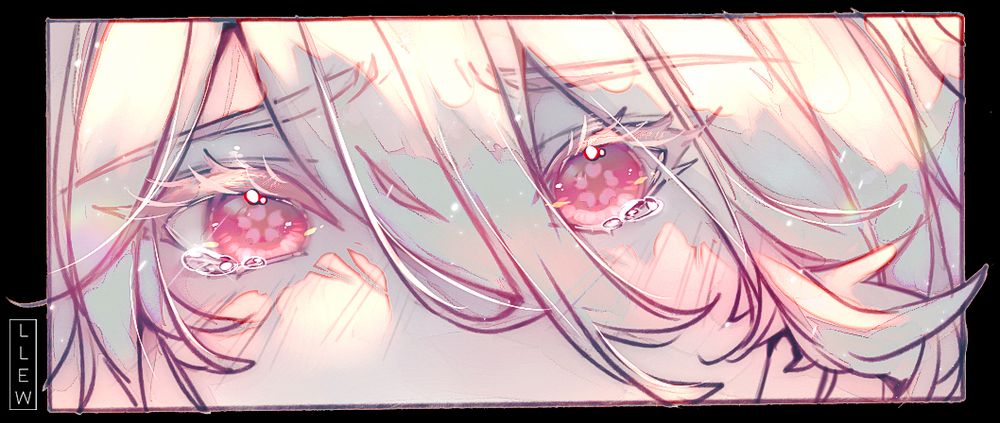 zoomed in art of a pink pair of eyes and tears with a flower pupil. Soft warm white hair and white fur. 