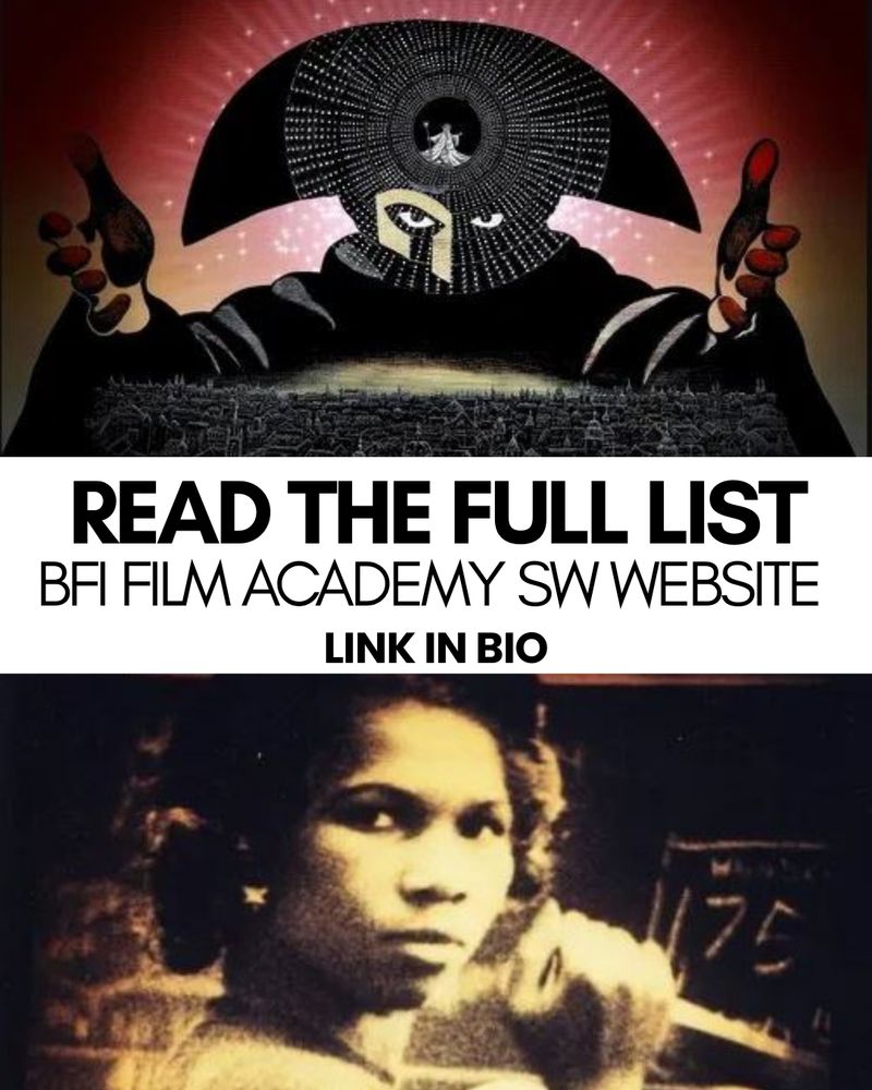 Poster from Amadeus combined with Handsworth Songs with black text of various thickness "Read the Full List, BFI Film Academy SW Website, Link in bio