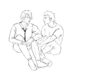 blurry picture of Zoro sitting next to Sanji 