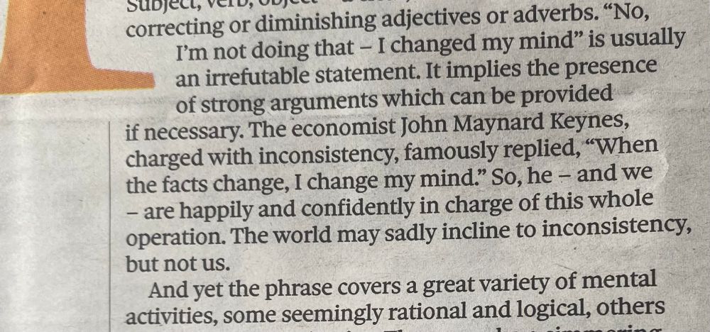 Screenshot of Julian Barnes in the Observer: ‘As Keynes famously replied, When the facts change, I change my mind.’