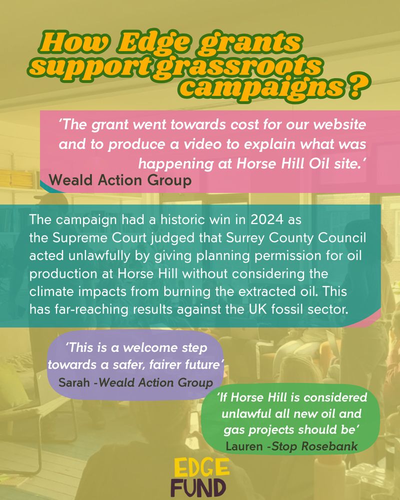 How Edge Fund grants support the grassroots groups? 'The grant went towards costs for our website and to produce a video to explain what was happening at Horse Hill Oil State' by Weald Action Group. 

The campaign had a historic win in 2024 as the Supreme Court judged that Surrey County Council acted unlawfully by giving planning permission for oil production at Horse Hill without considering the climate impacts from burning the extracted oil. This has far-reaching results against the UK fossil sector. 'This is a welcome step towards a safer, fairer future' Sarah, Weald Action Group. 'If Horse Hill is considered unlawful all new oil and gas projects should be!' Laure, from Stop Rosebank