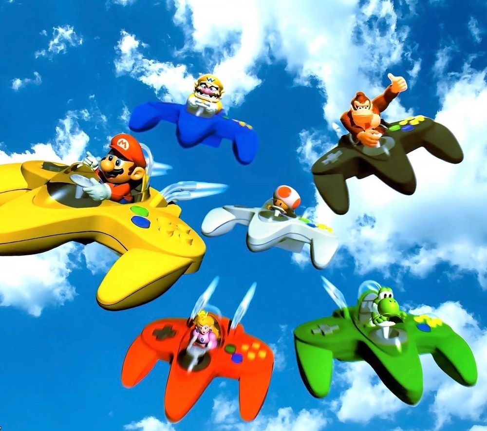 Mario, Daisy, Wario, donkey kong, toad, and yoshi hitting Mach 10 riding N64 controllers through a beautiful blue sky