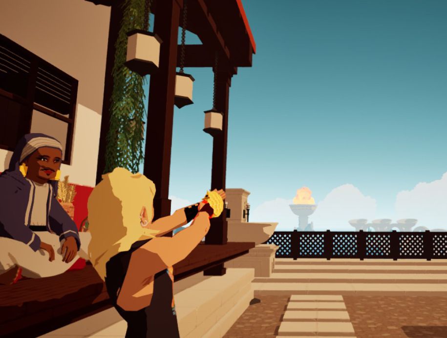 Screenshot from Many Nights a Whisper video game, showing a person aiming for a large flame 