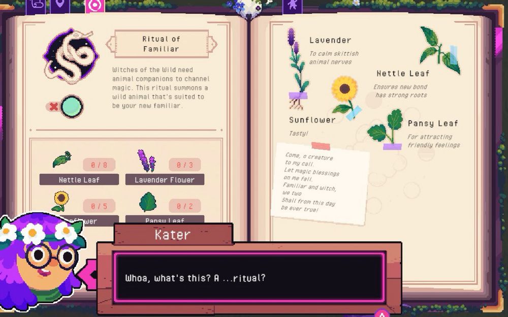 Photo of a grimoire with depictions of lavender, Nettie leaf, sunflower, and pansy leaf. 