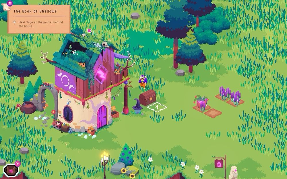 Vibrant green landscape with grass and trees, and a little house with a purple and green roof. There are also sunflowers, rocks, and purple lavender. 