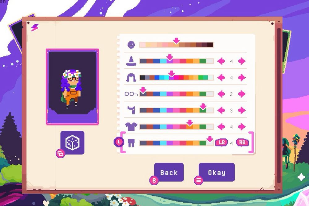 Character customization showing a girl with purple hair and a white flower crown wearing yellow overalls and a green cape/scarf. 