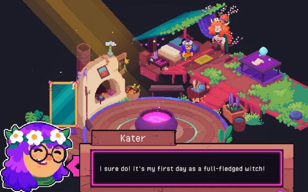 Text box of a girl with purple hair and a white flower crown on named “Kater” saying “I sure do, it’s my first day as a full-fledged witch!” And in the background there’s a yellow sun beam glowing on a purple cauldron 