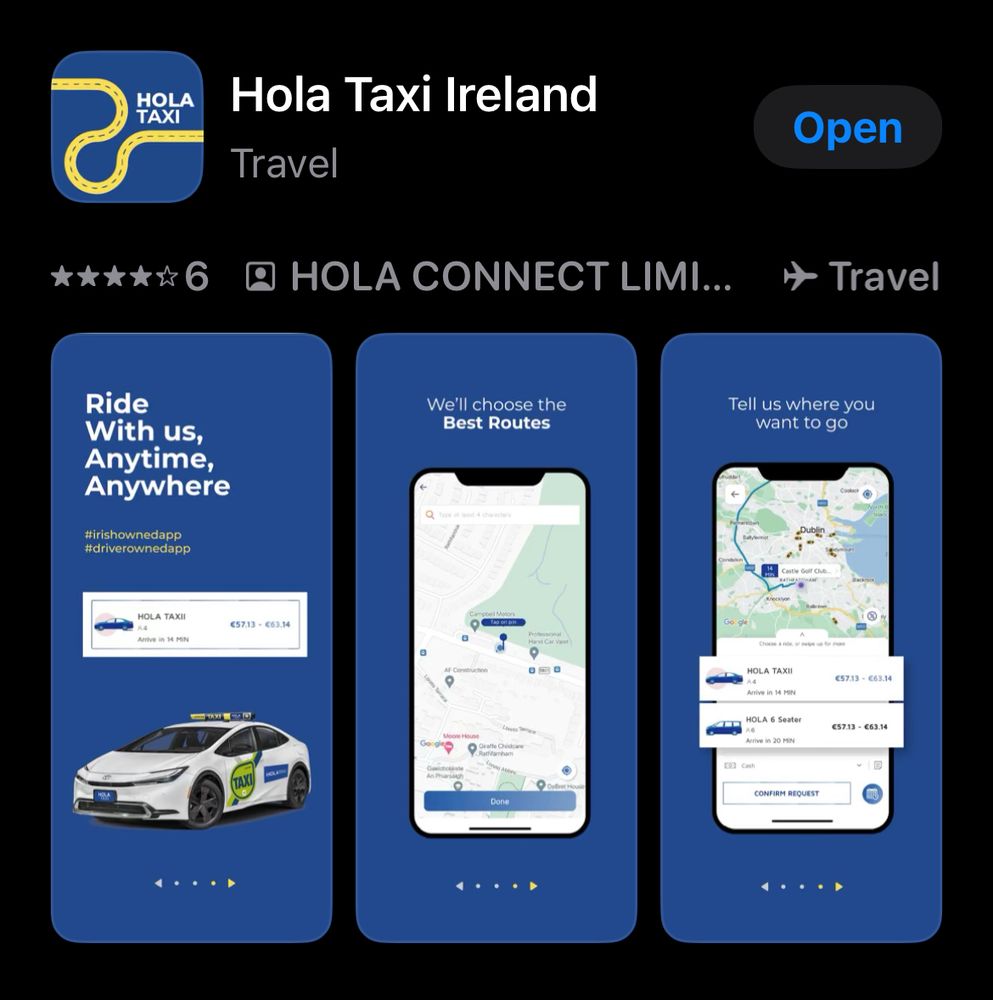 A screen shot of the Hola Taxi app on the Apple App Store 