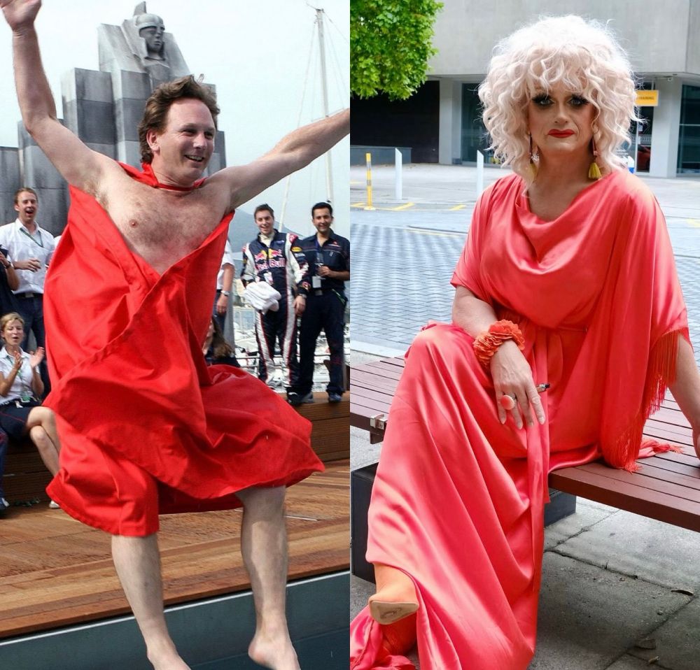 On the left, Christian Horner. On the right Panti Bliss. They’re wearing basically the same red silk gown