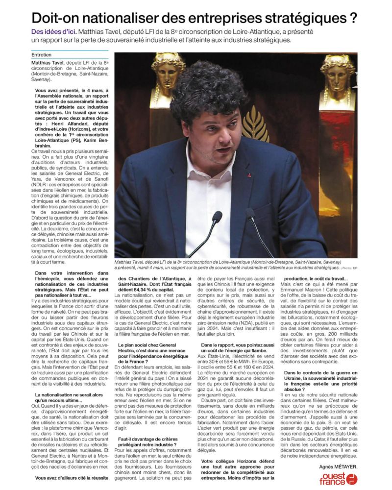 Demain le ministre de l'énergie et de l'industrie @FerracciMarc vient aux Chantiers de l'Atlantique à Saint-Nazaire voir le succès d'une nationalisation.

En guise de bienvenue, je l'invite à lire mon interview dans Ouest France dimanche dernier :
https://www.ouest-france.fr/economie/industries/nationaliser-des-entreprises-strategiques-ce-nest-pas-un-tabou-82a3bcde-0029-11f0-9b78-58334960577c