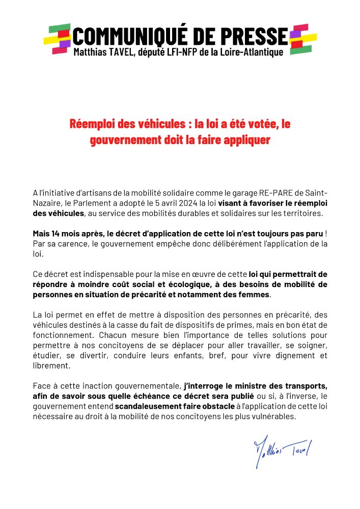 Réemploi des véhicules : la loi a été votée, le gouvernement doit la faire appliquer. 

14 mois après son vote, toujours pas d'application pour cette loi pourtant nécessaire aux besoins de mobilité des personnes en situation de précarité. 

Mon communiqué ⤵