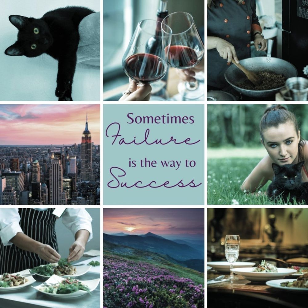 A 9 square collage including a black cat, two glasses of red wine, a woman in a chef's coat cooking in a pan, a city skyline, a woman laying in the grass with a black cat, a woman plating salads, a mountain skyline, and a table in a restaurant with plates and wine. The center square has text that says: sometimes failure is the way to success.