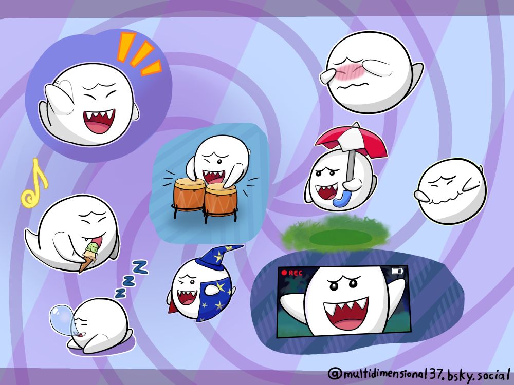 Top to Bottom, Left to Right:
1. Boo waving, saying "hi!"
2. Boo covering their face, feeling shy.
3. Boo enjoying their ice cream.
4. Boo plaing the bongos.
5. Boo going outside with their parasol.
6. Boo holding their laughter.
7. Boo sleeping on the ground.
8. Boo cosplaying the costume from Mario Party 4.
9. Boo jumpscaring the person holding the camera and recording.