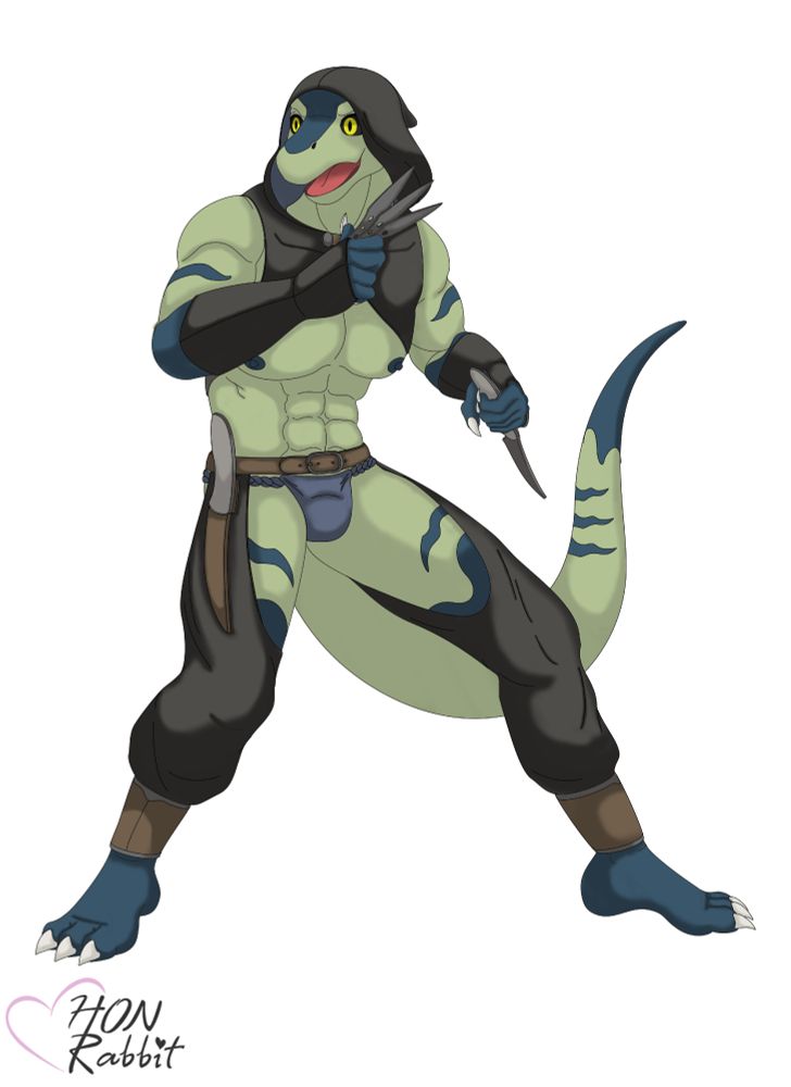 A blue and Green Lizard dressed in skimpy rogue Clothing (a hood, baggy chaps and a fundoshi) holding throwing knives and a dagger.
