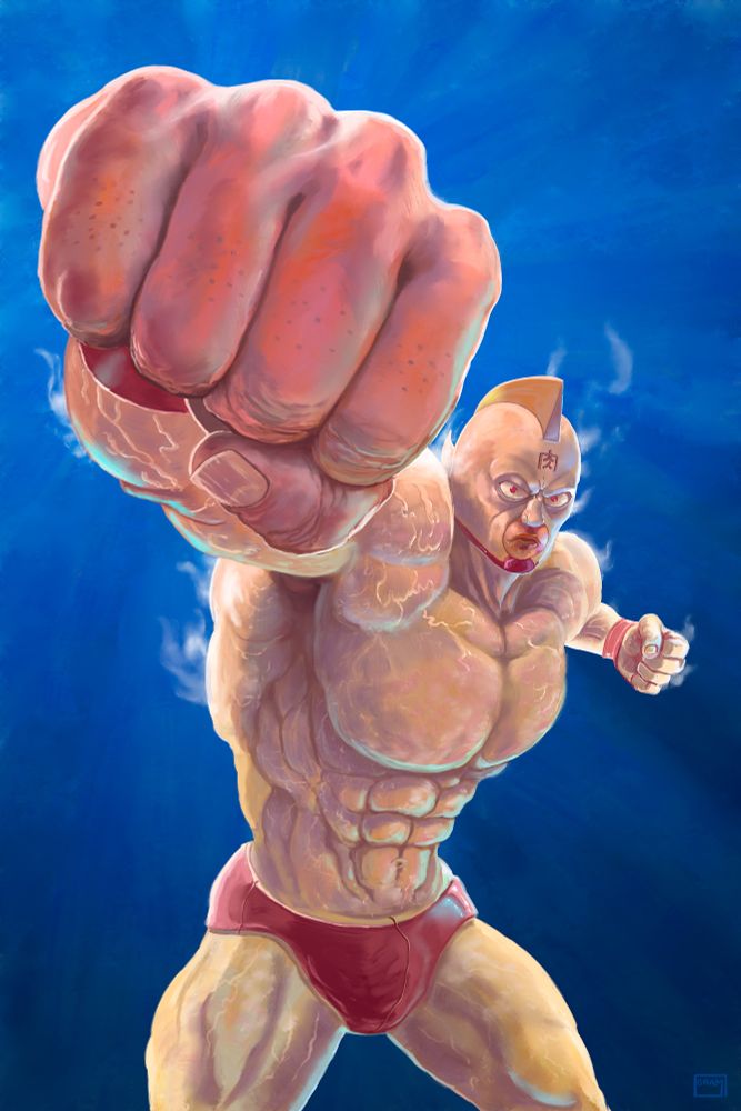 A painting of the character 'Kinnikuman'- an exceptionally muscular wrestler is punching towards the observer. He looks very serious.