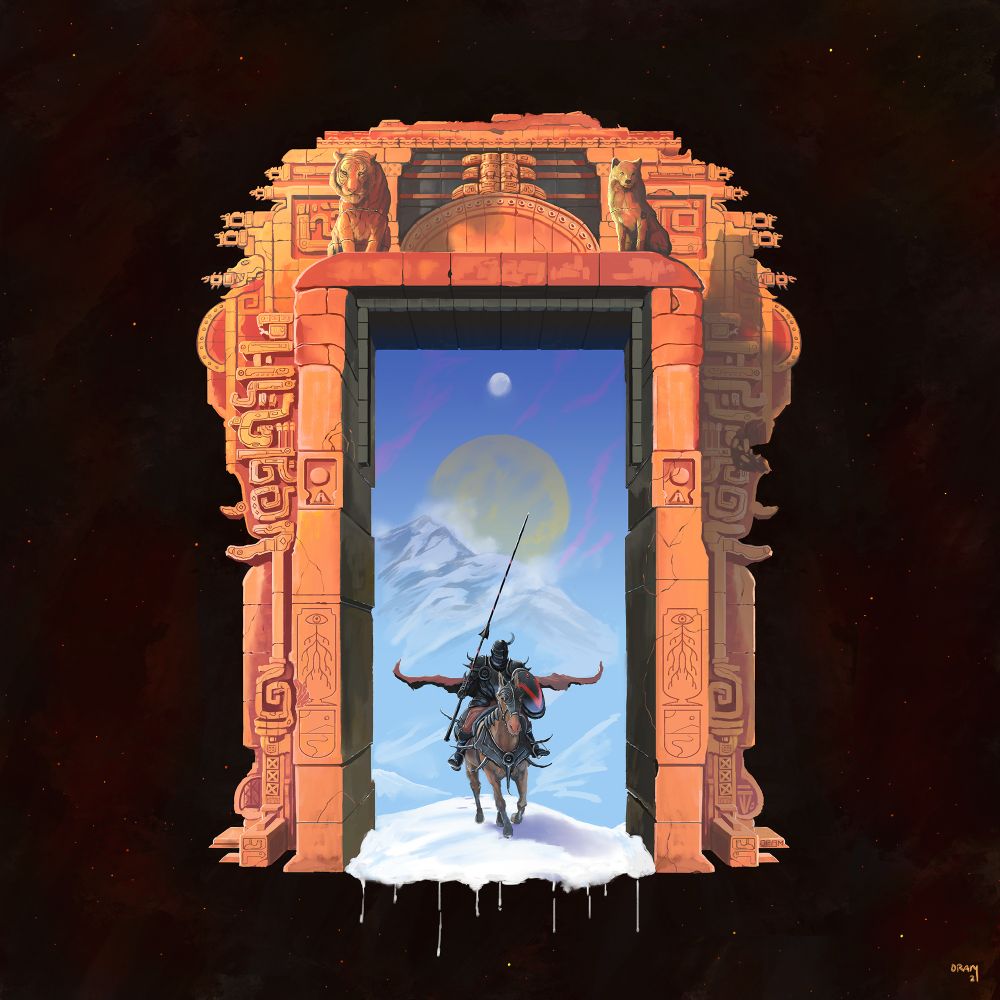 A portal floating in space opens to reveal a black knight who is advancing from a snowy landscape.