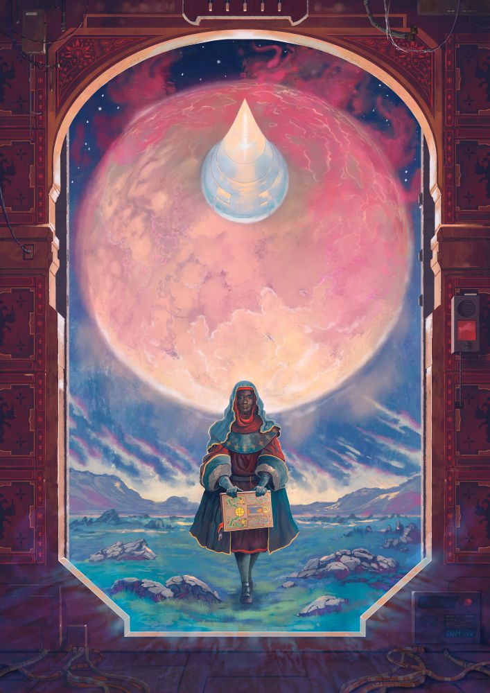 A painting depicting a nun in a sci-fi setting. She is walking towards an open doorway through an alien environment.  A large planet and spaceship loom overhead.