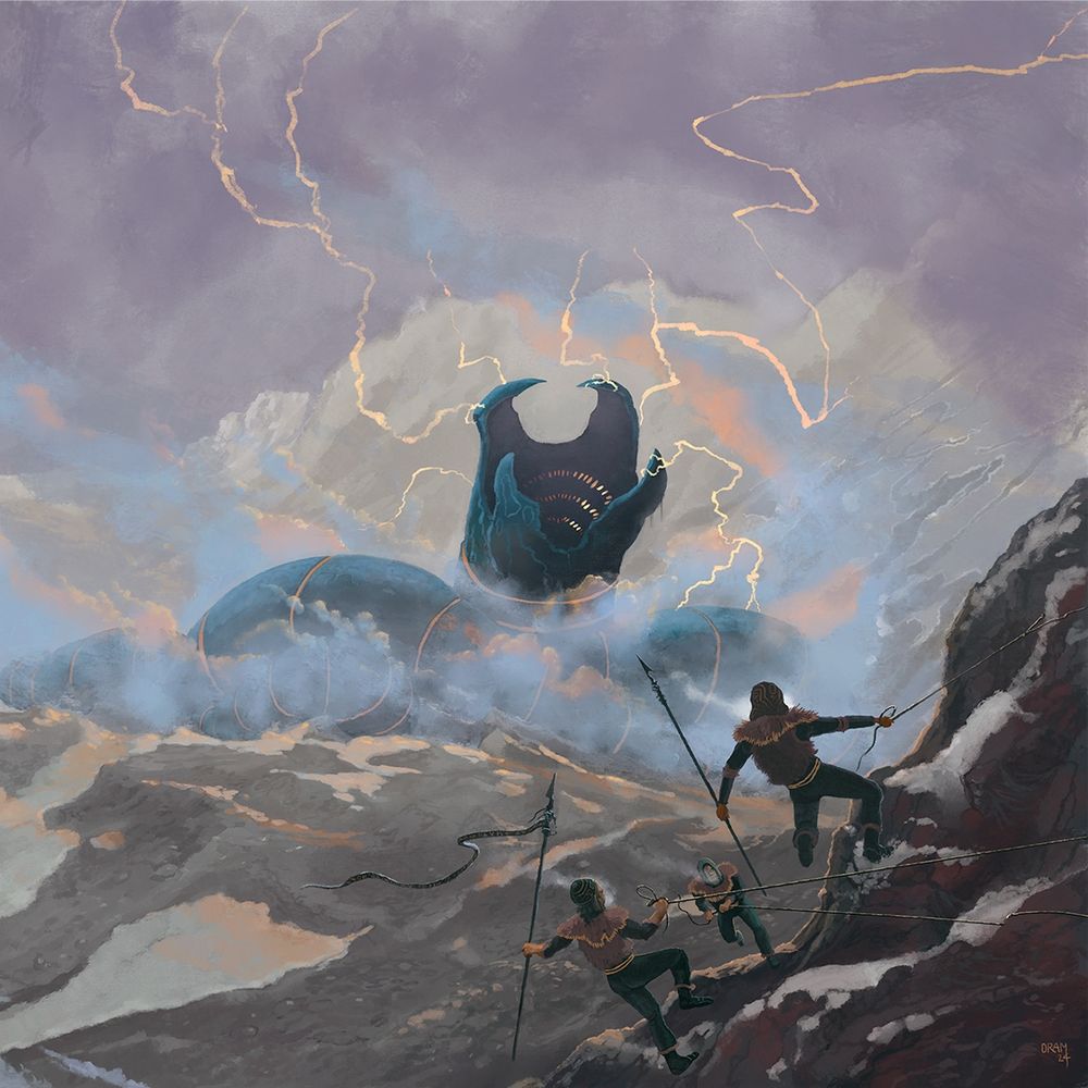 Painting of three figures hunting an enormous worm-like creature, high in the mountains somewhere.