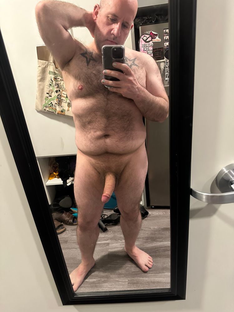 nude in front of a mirror holding their cell phone, sangnoir shows of their thick cock thighs chest and tummy