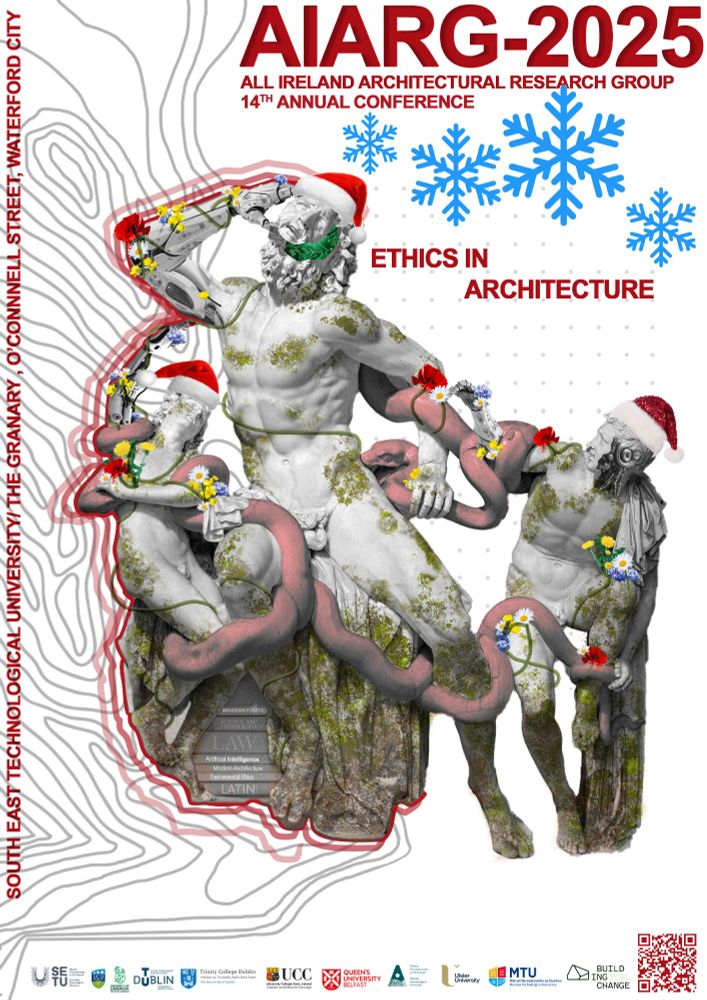 AIARG EThics in Architecture conference poster consists of Greek statuary in various poses. Image contains a QR code that lnks to the conference website