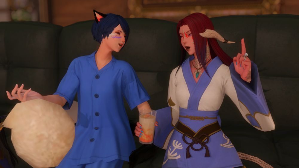 Rinh and Lucretia are engaged in conversation and Lucretia has a drink in her hand. Whatever are they discussing?