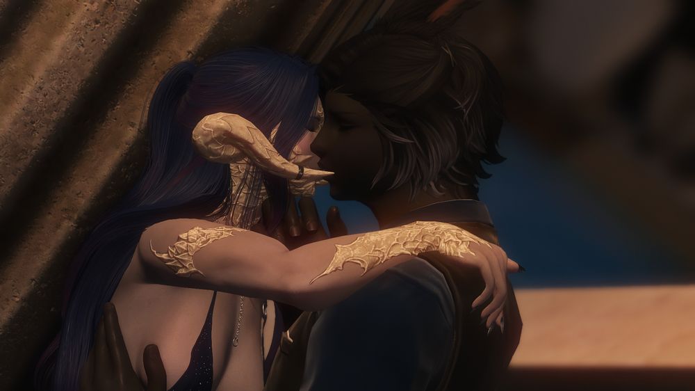 Amaya, my Wol, a blue haired raen fem ra, with her back against a pillar. she has her hair down and is wearing a low cut, very skimpy blue sparkly dress. She has one hand on Erenville's shoulder and they are kissing now. He is in a blue shirt and a black vest. 