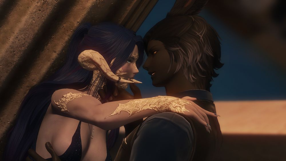 Amaya, my Wol, a blue haired raen fem ra, with her back against a pillar. she has her hair down and is wearing a low cut, very skimpy blue sparkly dress. She has one hand on Erenville's shoulder and he has his fingers under her chin, tilting her head up while he grins at her. He is in a blue shirt and vest. 