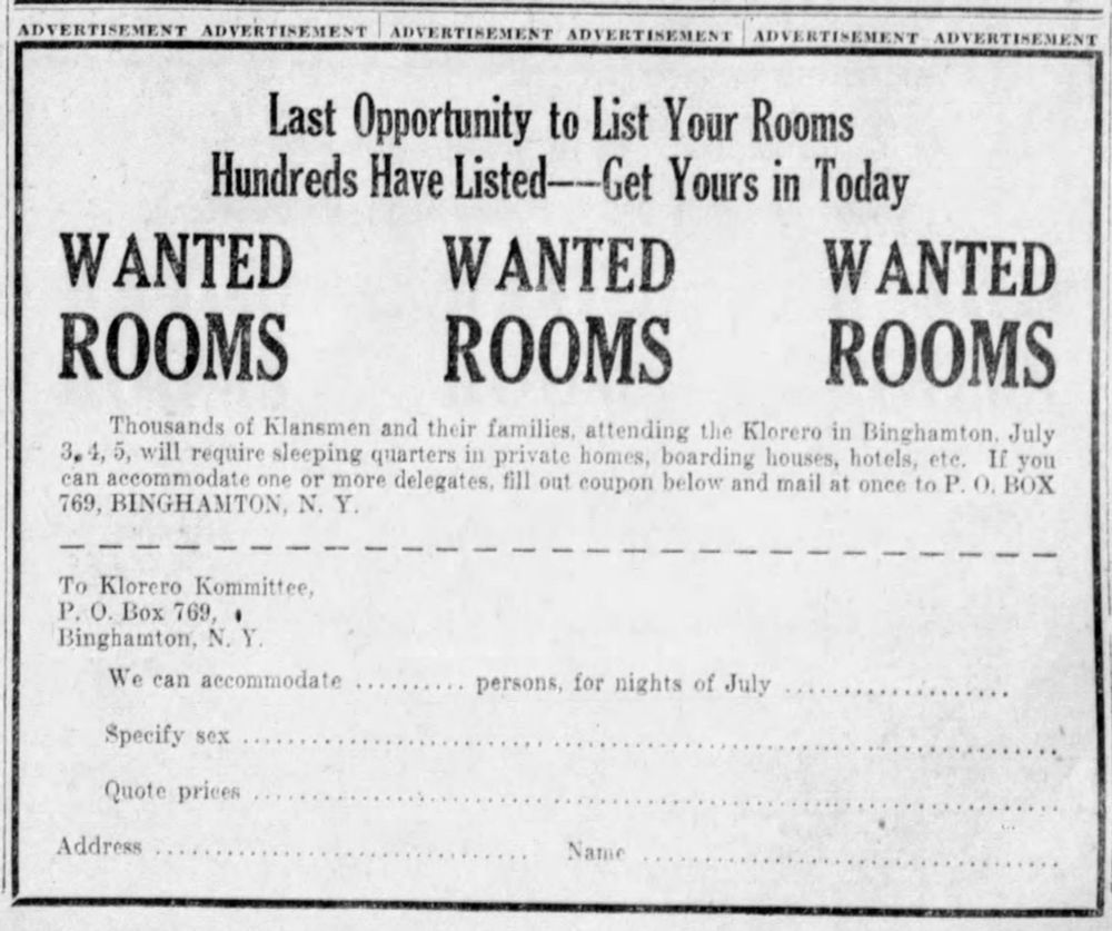 Advertisement for help housing delegates to the New York State convention (klorero) in the summer of 1924. "Wanted Room" it says three times in larger lettering, with other writing including a form to clip and send in with more information.