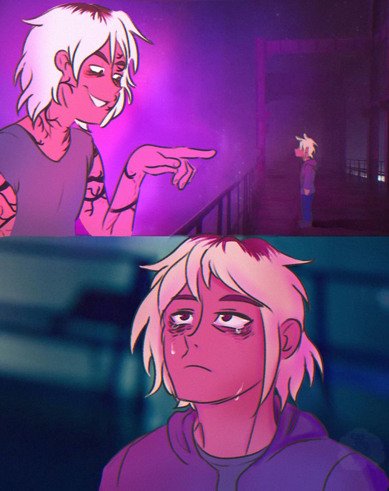 redraw of the "you look lonely, I can fix that" "meme" but with Slyce and Demian from the visual novel, Veins Like Tapeworms. Slyce is pointing to Demian with an eerie smile, veins around their body like tendrils and vines. Demian looks on in defeated apathy, old tears left falling down their tired face.