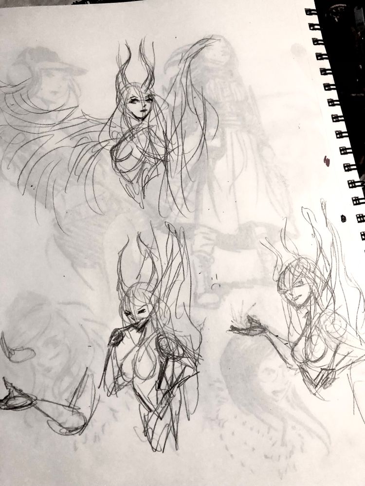 Sketchbook page, top, is a sketch of a woman with horns with wings, her left wing extended. Bottom two sketches are the same but the wings are folded, left sketch has right arm with a finger on mouth, right bottom sketch has the right arm with hand open palm up