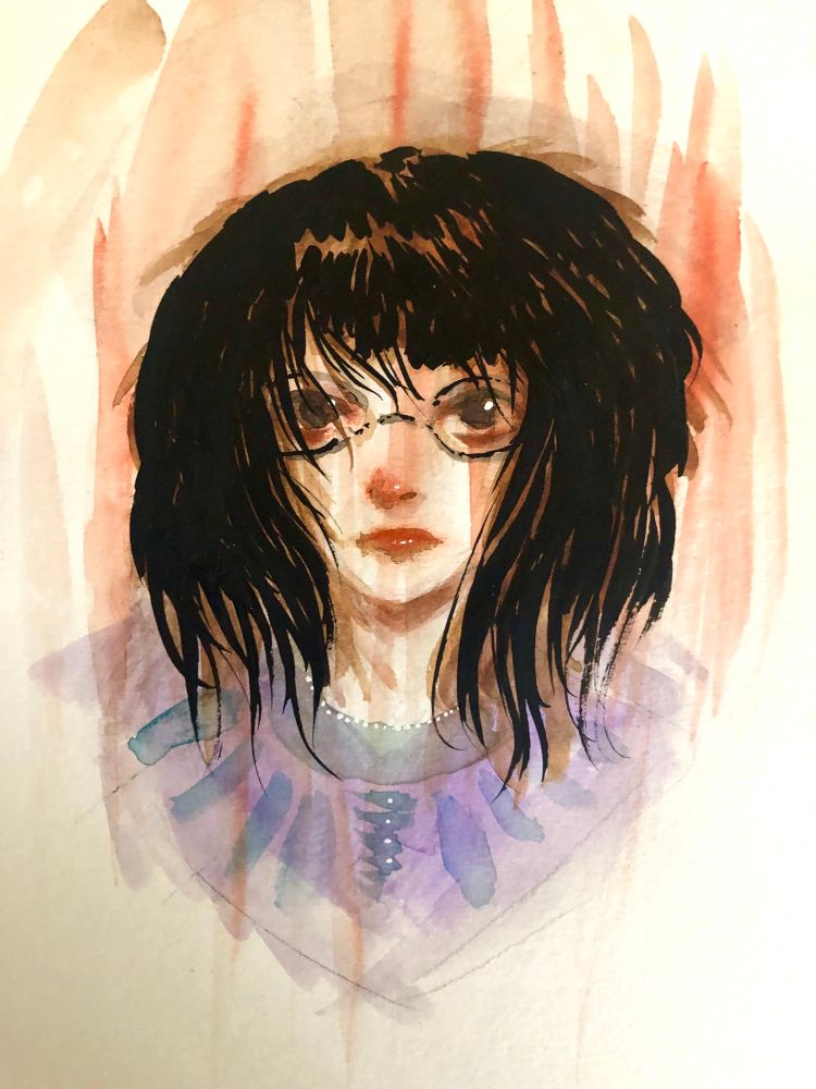 Watercolor portrait of a woman wearing glasses, orange streaks and brush strokes throughout, clothing is purple with blue collar and blue brush strokes radiating out. 