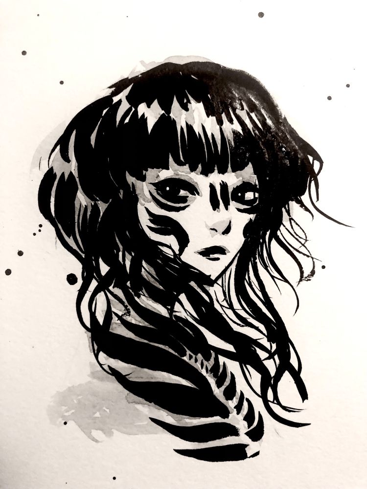 Ink brush portrait of a woman with skull like face paint and skeletal shapes on her collar. Her hair is short but with long strands flowing randomly 