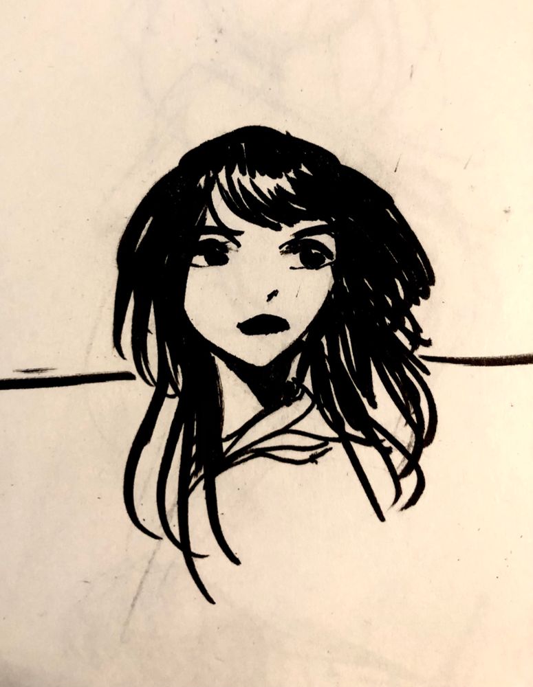 Ink sketch portrait of a woman with dark hair looking to her left 