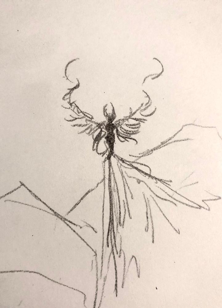 Tiny pencil sketch of a horned, winged figure standing on the edge of mountain top, more mountains in the distance 