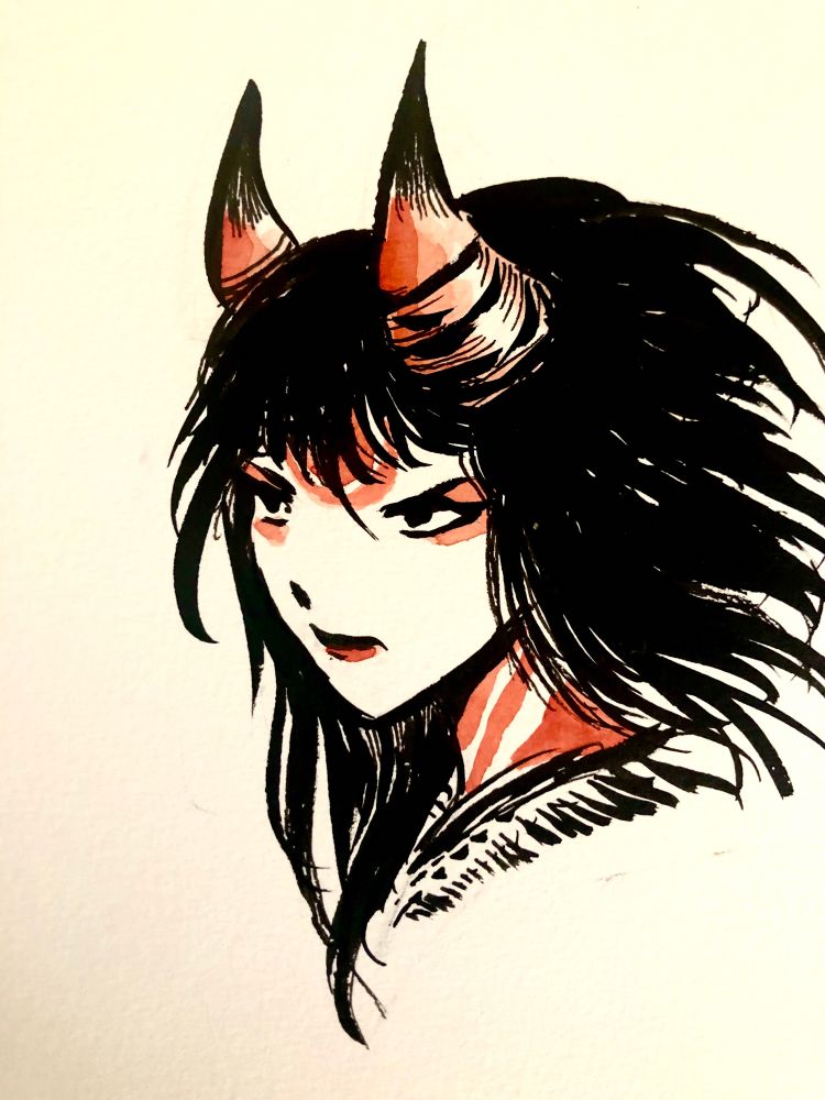 ink and watercolor portrait of a woman with jagged orange horns, two orange circles on her forehead, orange stripes on her neck, and an intense expression on her face. oh, and messy dark hair.