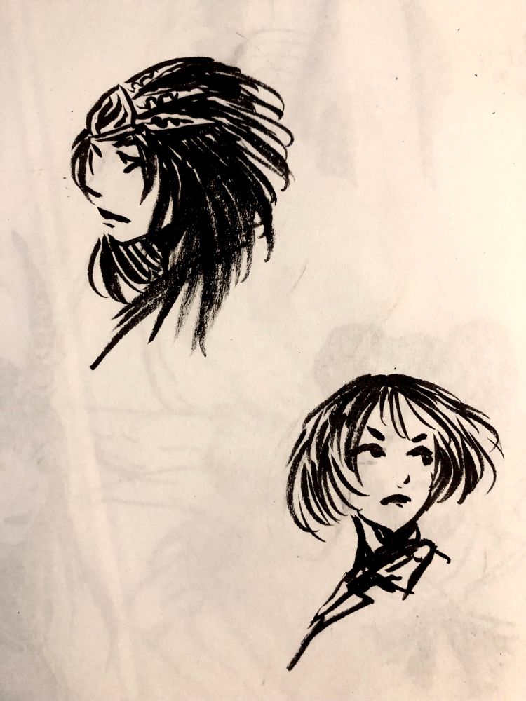 Sketchbook page showing two ink brush portraits, top left is profile portrait of a woman wearing a headdress formed around a skullcap with triangle bits angled backwards toward her long hair. Bottom right portrait is of a woman with short flowing hair looking to her left 