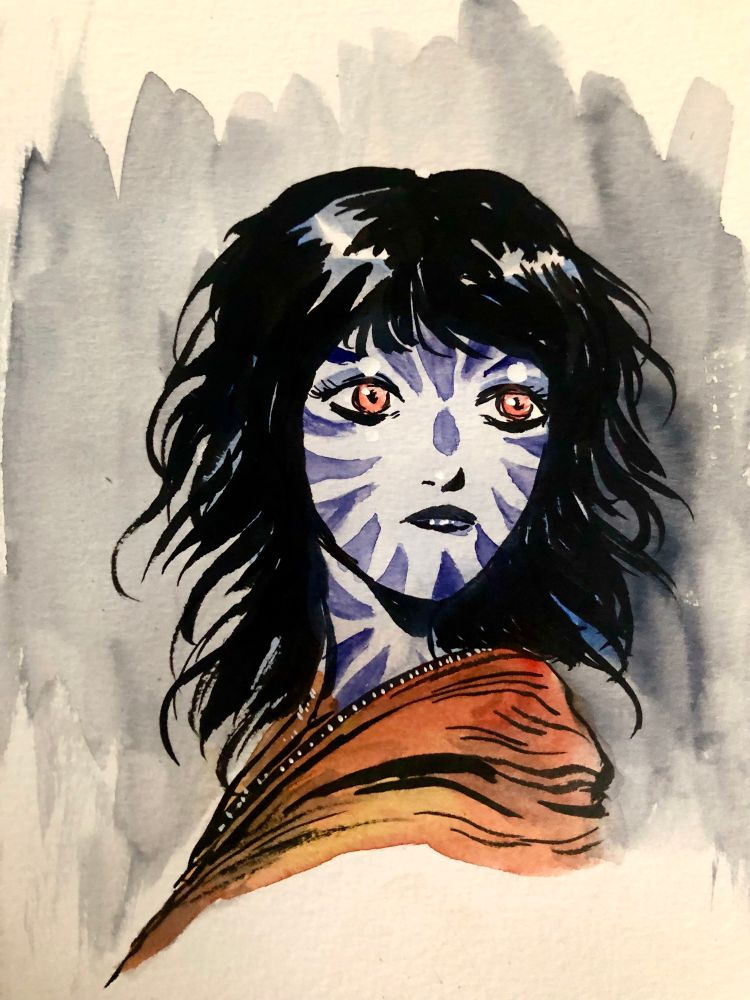 Portrait of a woman looking over her left shoulder, she is wearing an orange robe. She has shoulder length dark hair, yellow ringed in red eyes, blue skin with dark blue triangles around her face and on her neck