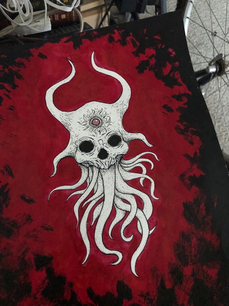 floating white three eyed, two horned skull with tentacles. Red background with black edges and corners. third eye in skull is red/orange with ridges radiating out like a sun from it.